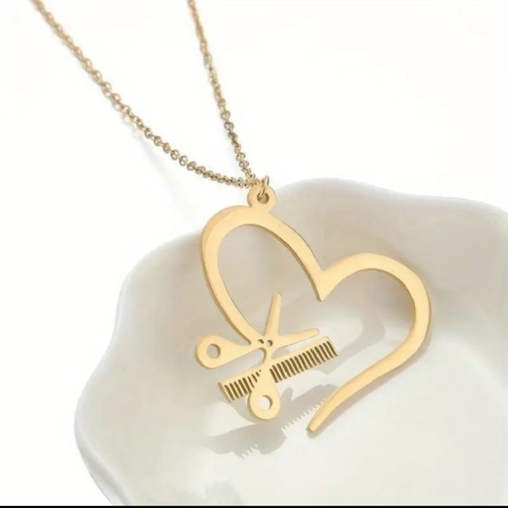 Hair Stylist Open Heart Pendant with Scissors and Comb 18k Gold Plated